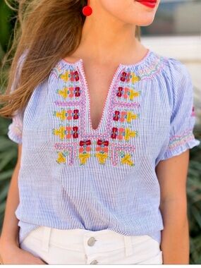 Madewell Embroidered Blue Stripe Peasant Top